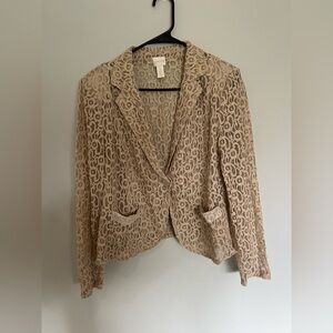 Chico’s Lace Blazer Size 2 Beige Tan Open Front Jacket Lightweight Neutral